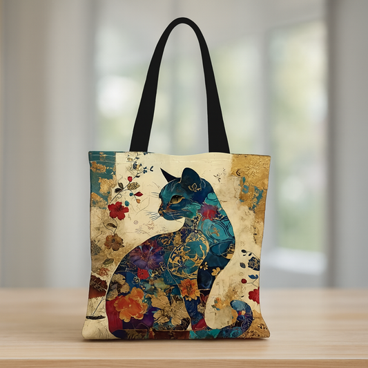 Boho Cat Linen Tote Bag, Stylish Reusable Shopping Bag