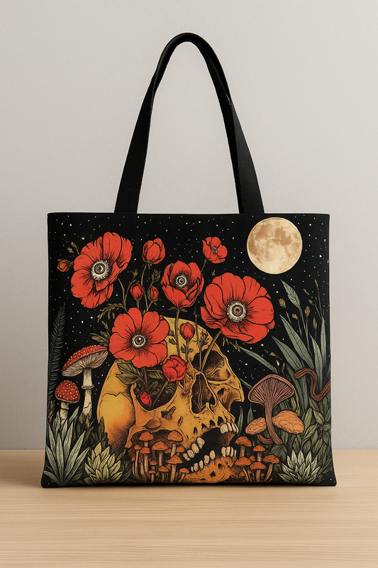 Gothic Skull & Poppies Tote Bag – Eco-Friendly Reusable Tote