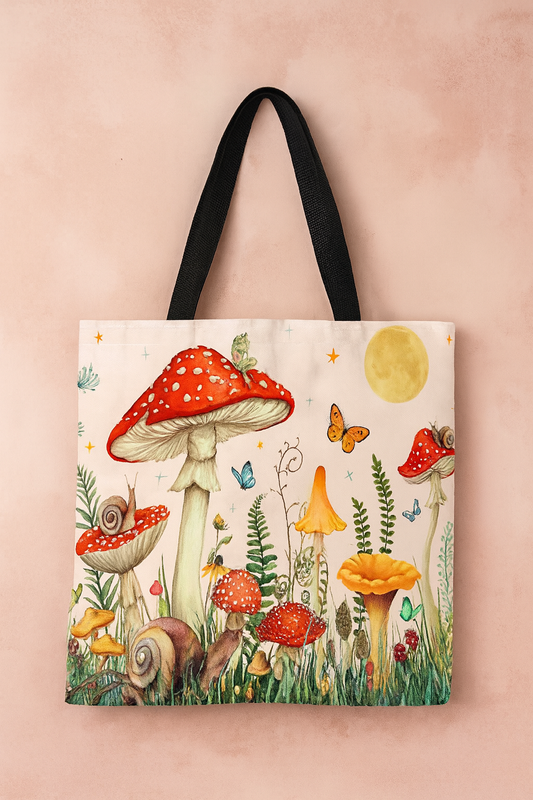 Whimsical Mushroom Forest Linen Tote Bag – Reusable Shopping Bag with Strong Nylon Handles